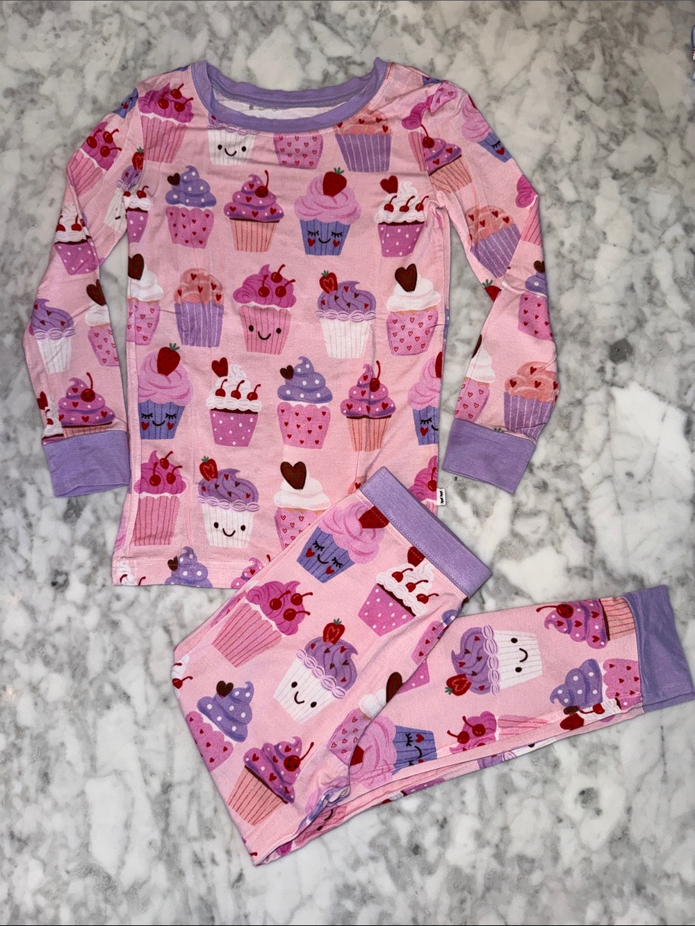 Little Sleepies Girls Pink Cupcake Print Pajama Set with Purple Trim 4Y